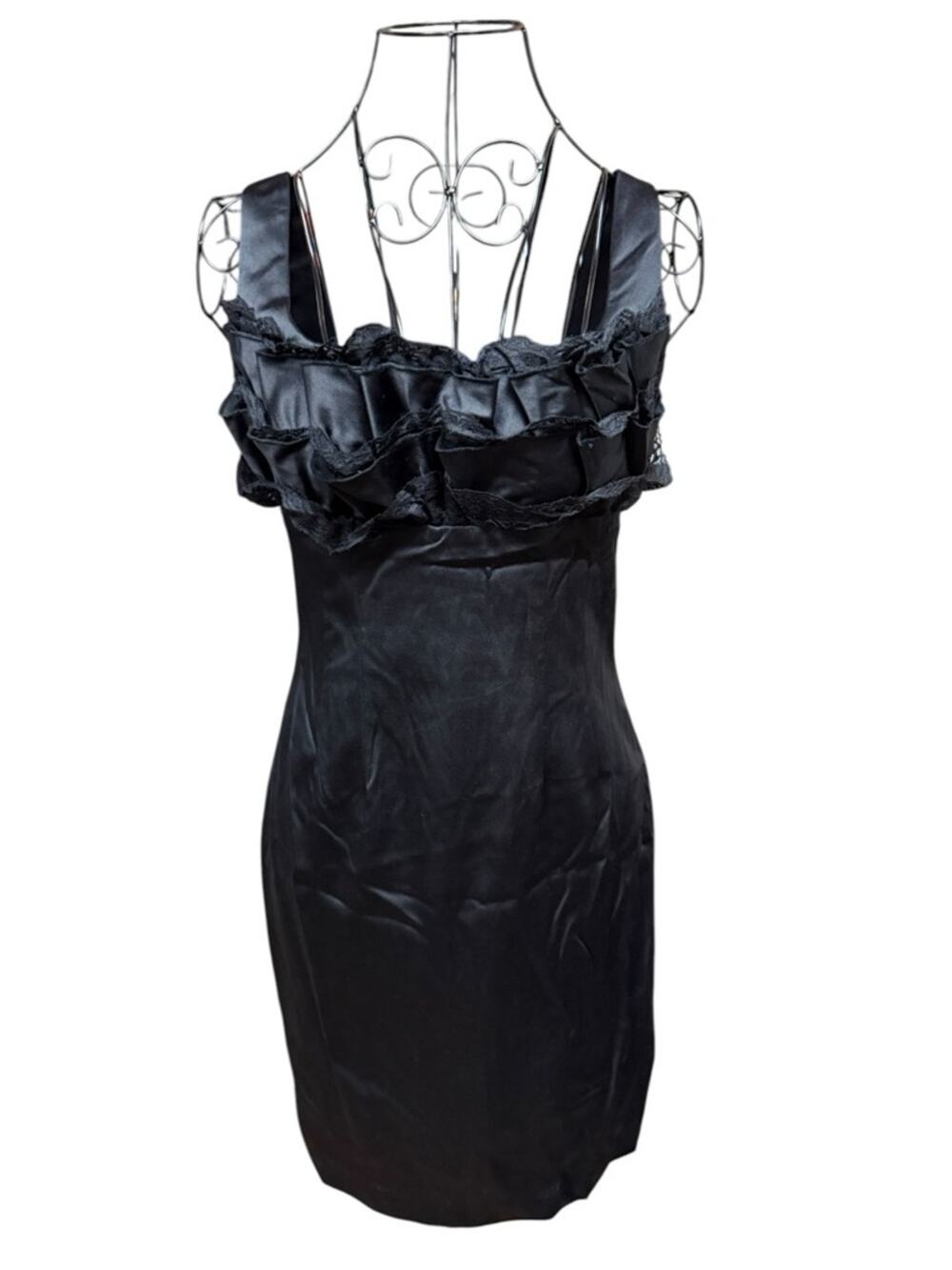 Hailey Logan Black Satin Ruffle Neckline LBD Evening Dress Small